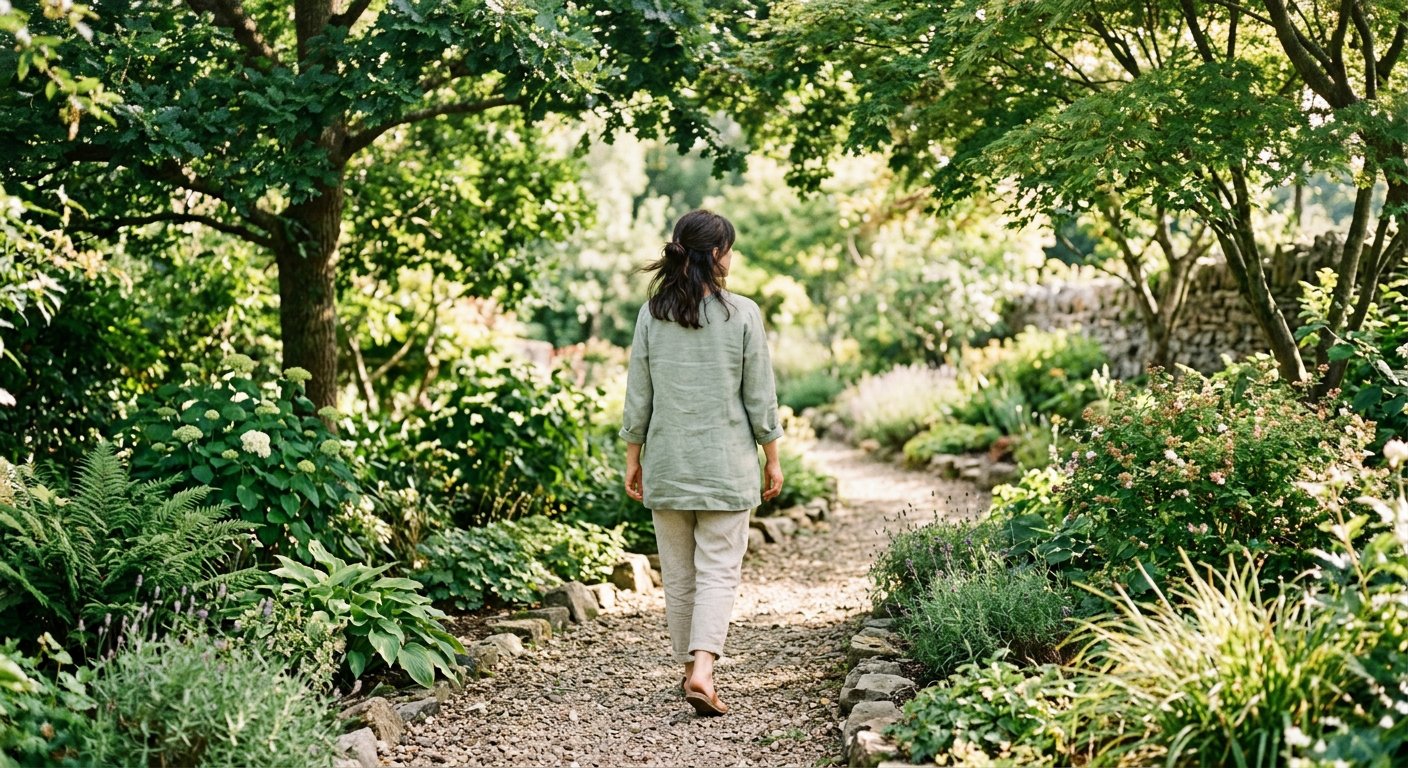 A calm, green walking path in soft morning light